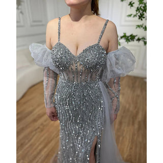 Ships in 1 to 3 Days - Sexy Gray Beaded Mermaid Evening Gown 2024: Spaghetti Straps, High Split, Balloon Sleeves for Party