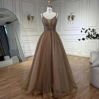 Luxurious 2024 Arabic Caramel A-Line Evening Gown with Beaded Spaghetti Straps