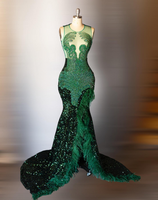 Green Sequin Mermaid Gown with Feather Detail and Mesh Accents