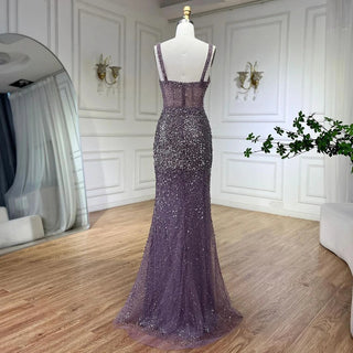 Purple Spaghetti Straps Mermaid Beaded Party High Split Evening Dress - Gown for Women's Wedding Party 2024