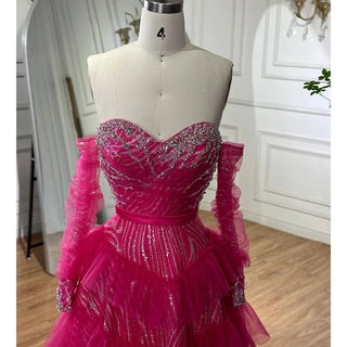 Ships in 1 to 3 Days - Fuchsia A-Line Elegant Sweetheart Off-Shoulder Tiered Beaded Evening Dress: 2024 Prom Gown for Women's Party