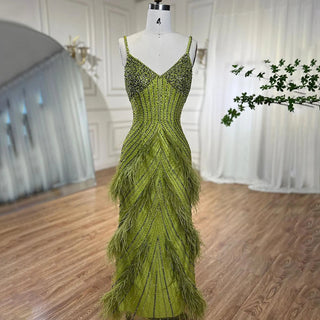 Sunny Meadow Mermaid Evening Gown - Yellow and Green Feathers, Beaded, Ankle-Length for Women's Party 2024