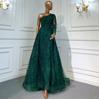 Emerald Green One-Shoulder Mermaid Evening Dress with Overskirt: Luxury Formal Party Gowns for Plus Size Women's Wedding