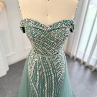 Elegant Off-Shoulder Sage Green Evening Dresses with Overskirt: 2024 Luxury Dubai Gowns for Women's Wedding and Formal Parties