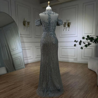 2024 Arabic Silver Nude Mermaid Beaded Crystal Luxury Dubai Evening Dresses Gowns for Women Wedding Party