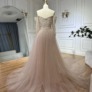 Ships in 2 to 5 Days - Nude Mermaid Beaded Evening Dress with Detachable Skirt for Formal Occasions