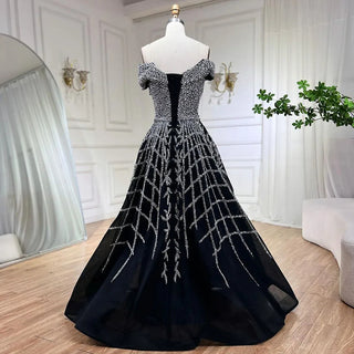 2024 Elegant Black Beaded A-Line Evening Gown: Off-Shoulder Luxury Dress for Women - Long Party Dress