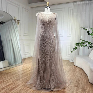 Pink Mermaid Evening Dress - Elegant Cape Sleeves with Luxury Feathers and Beading for Women's Party 2024