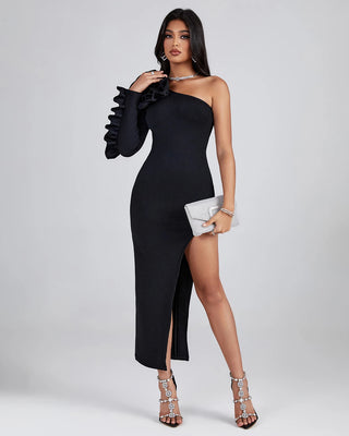 Elegant Ladies Black Bandage Party Dress - One Shoulder Ruffles Long Sleeve Sexy High Slit Knitted Prom Dress