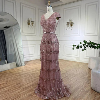 Ships in 1 to 3 Days - Luxury Dubai Arabic Mermaid Gold Elegant Tassel Beaded Evening Dresses Gowns for Women's Wedding Party 2024