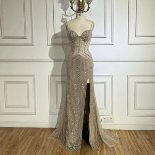 Arabic Nude High-Slit Spaghetti Strap Beaded Mermaid Evening Gown for Women - Wedding Party 2024