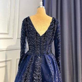 Elegant Navy Blue Velvet Mermaid Evening Dress with Beaded Long Sleeves - Women's Formal Gown