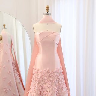 Luxury 3D Leaves Blush Pink Satin Mermaid Evening Dress with Cape - Dubai Arabic Women Wedding Prom Party Gown