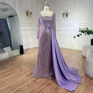 2024 Luxury Dubai Lilac Mermaid Dress with Satin Overskirt Beaded Evening Gown for Women Wedding Party