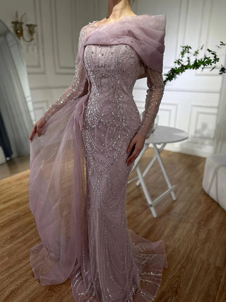 2024 Pink Mermaid Evening Dress with Luxury Beaded Pearls and Overskirt - Formal Gown