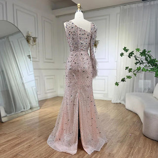 Pink Elegant Mermaid Evening Dress with Skirt - Crystal Beaded Feathers Luxury Gown for Ladies Wedding Party 2024