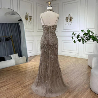 Silver Nude Mermaid Split Strap Evening Dress: Spaghetti Strap, Beaded Prom Gown for Women's Party 2024