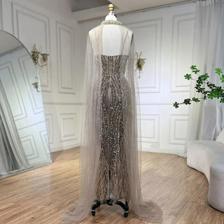 2024 White Nude Mermaid Wedding Party Dress: Beaded Feathers Luxury Cape Sleeves Prom Gown