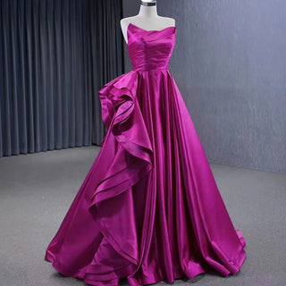 Soft Satin Fuchsia Ruffle A-Line Evening Prom Dresses For Girls.