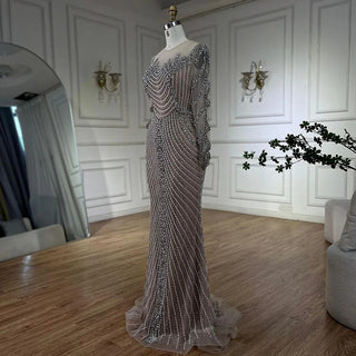 Ships in 1 to 3 Days - Arabic Luxury Crystal Pearls Silver Nude Dubai Evening Dresses for Women Wedding Formal Prom Party Gown 2024