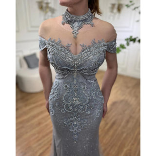 Luxurious Silver Mermaid Evening Dress - Pearls and Beaded Elegance for Women's Wedding Party