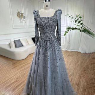 Ships in 1 to 3 Days - Arabic Grey A-Line Evening Dress 2024 with Puffy Shoulders, Elegant Beaded Luxury - Ideal for Women's Wedding Party