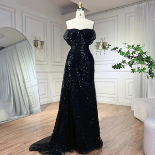 Ships in 1 to 3 Days - Elegant Black Mermaid Evening Dress with High Split and Overskirt - Women's Party Gown 2024