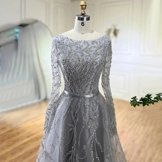 2024 Muslim Gray A-Line Evening Luxury Dubai Dress - Beaded Gown for Women's Wedding Party