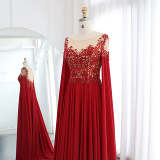 Beaded Wine Red Chiffon Evening Dress with Cape Sleeve for Women Wedding Dubai Formal Party Gowns