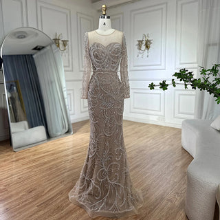 Ships in 1 to 3 Days - 2024 Nude Mermaid Evening Gown - Luxury Pearls Beaded Arabic Dress for Formal Occasions