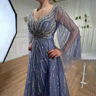 Ships in 1 to 3 Days - 2024 Blue A-Line Evening Gown: Arabic-Inspired Beaded Detail with Long Sleeves for Women's Wedding Celebrations