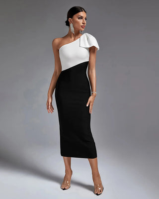 Elegant Black and White One-Bow Shoulder Bandage Dress - Sleeveless Slim Fit Midi Casual Dress