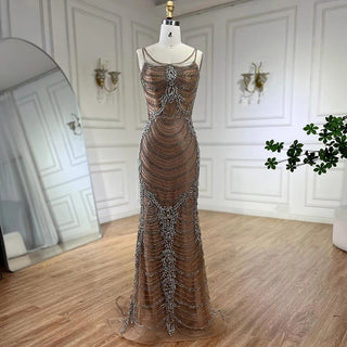 Ships in 1 to 3 Days - Luxury Crystal Tassel Dubai Caramel Evening Dress - Spaghetti Strap Formal Prom Party Gown for Women's Wedding