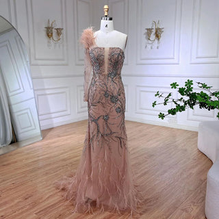 Luxury Dubai Nude One-Shoulder Beaded Feathers Mermaid Evening Dress - Gown for Women's Wedding Party