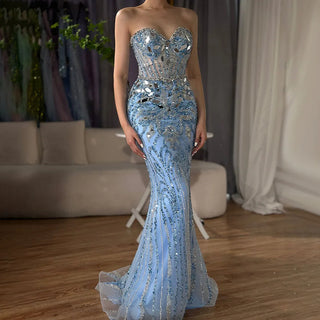 Arabic Blue Elegant Strapless Mermaid Beaded Luxury Dubai Evening Dresses Gowns 2024 for Women's Party