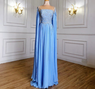 Ships in 1 to 3 Days - Blue Cape Sleeves Evening Dress 2024 - Beaded A-Line Chiffon Gown for Women's Party