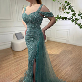 Ships in 1 to 3 Days - Arabic Caramel Mermaid High Split Elegant Beaded Luxury Evening Dress Gown for Women Party 2024