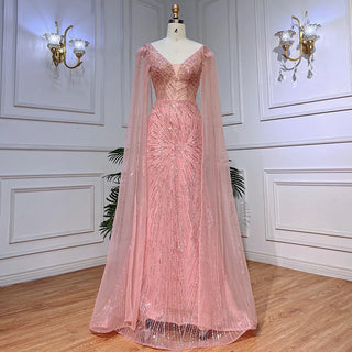 Peach Pink Mermaid Elegant Cape Sleeves Beaded Evening Dress - Prom Formal Arabic Gown 2024 for Women's Party