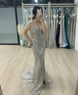 Nude Stunning Spaghetti Straps Sweetheart Neck Prom Party Dress - Luxury Mermaid Evening Gown with High Split for Special Events