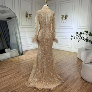 2024 Muslim Women Wedding Party Dubai Gowns Gold Luxury Beaded Feathers Mermaid Long Evening Dresses