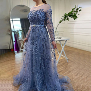 Blue Elegance: 2024 Muslim A-Line Evening Dress with Lace, Beading, Feathers, and Arabic Luxury