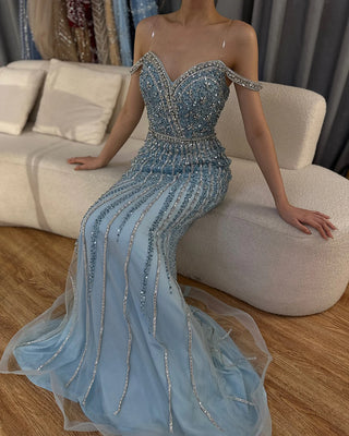 2024 Blue Mermaid Prom Gown with Beaded Detailing - Luxury Saudi Evening Dress for Formal Occasions