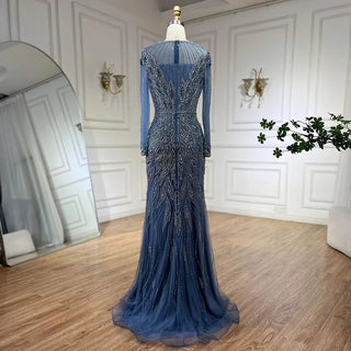 Muslim Blue Mermaid Luxury Beaded Dubai Long Evening Dress - Gown for Women's Wedding Party 2024