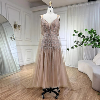 Arabic Nude A-Line Sexy Midi Straps Cape Sleeves Beaded Evening Dress: 2024 For Women's Wedding Party