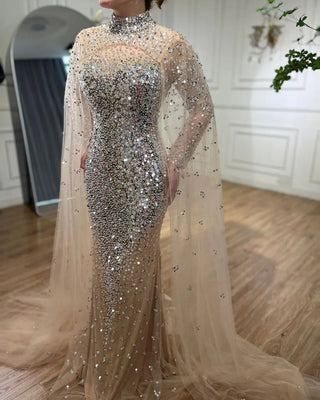 Gold Muslim Mermaid Evening Dress with Elegant Cape Sleeves - Beaded Luxury Dubai Gown for Women's Party (2024)