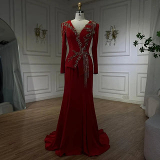 Ships in 1 to 3 Days - Arabic Red Mermaid Dresses for Women, Elegant Tassel, Beaded, Luxury, Dubai Evening Gowns, Wedding Party.