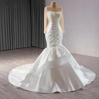 Exclusive Long Sleeve Satin Mermaid Wedding Dress with Pearls and Ruffles