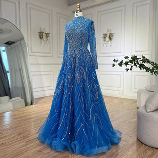 Muslim Elegant Blue A-Line Beaded Luxury Dubai Evening Dresses Gowns For Women Wedding Party 2024