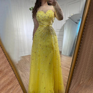 Arabic Yellow Illusion High Split Luxury Beaded Dubai Evening Dress: Elegant Gown for Women's Wedding Party 2024