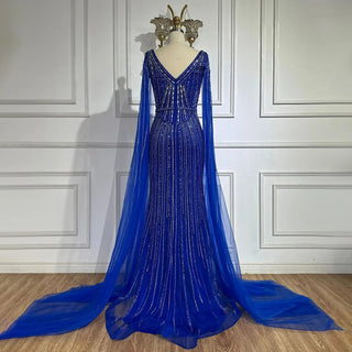 Dubai Royal Blue Elegant Cape Sleeves Beaded Arabic Luxury Evening Dresses: Gowns for Women's Party 2024